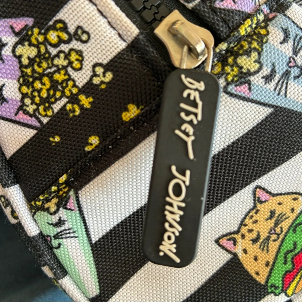Betsey Johnson Insulated Lunch Bag Cat Print Tote Whimsical Black White Striped